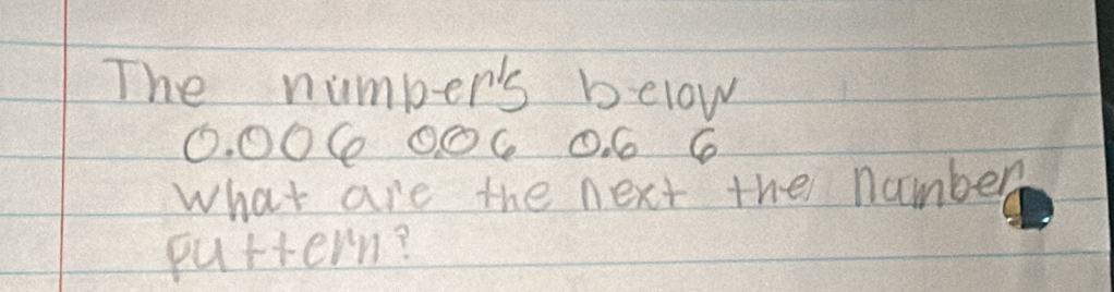 The number's below 
O. OOC ○O6 0. 6 6 
what are the next the number 
puttern?