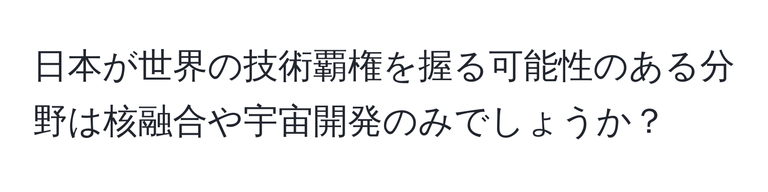 日本が世界の技術覇権を握る可能性のある分野は核融合や宇宙開発のみでしょうか？