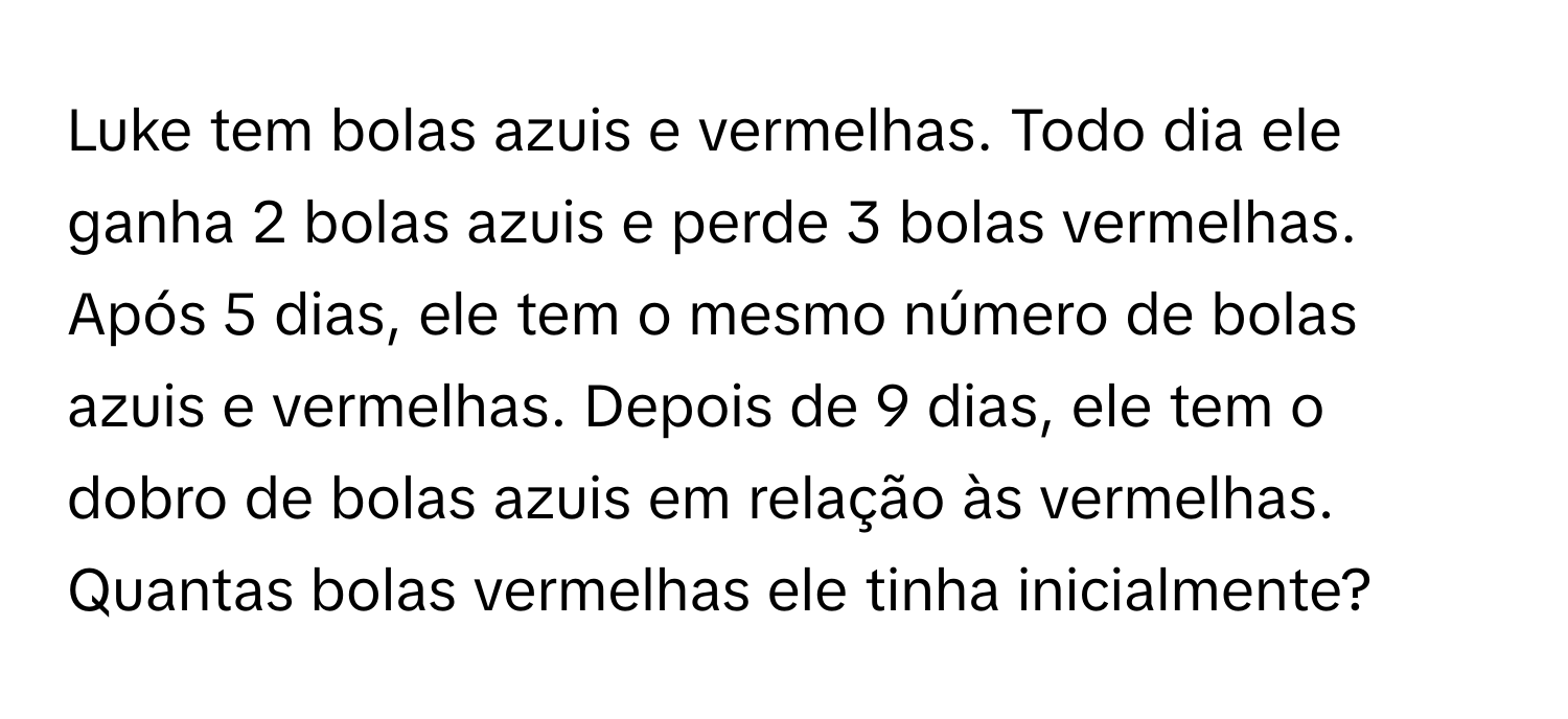 Solved: Luke tem bolas azuis e vermelhas. Todo dia ele ganha 2 bolas ...