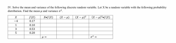 Solve the mean and variance of the following discrete random variable. Let X be a random variable with the following probability
distribution. Find the mean μ and variance sigma^2.