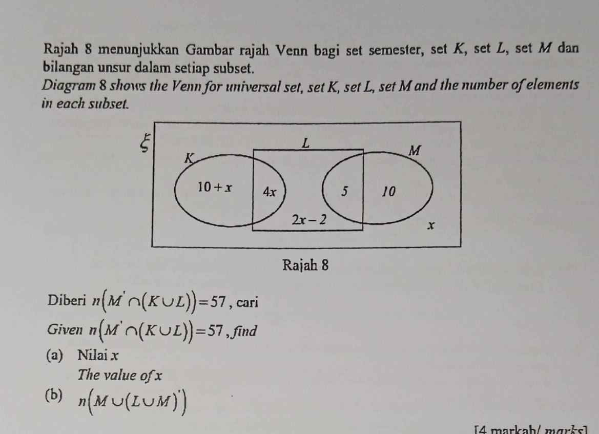 Rajah 8 menunjukkan Gambar rajah Venn bagi set semester, set K, set L, set M dan
bilangan unsur dalam setiap subset.
Diagram 8 shows the Venn for universal set, set K, set L, set M and the number of elements
in each subset.
Rajah 8
Diberi n(M'∩ (K∪ L))=57 , cari
Given n(M'∩ (K∪ L))=57 ,∫īnd
(a) Nilai x
The value of x
(b) n(M∪ (L∪ M)')
[4 markaḥ/mɑršs]