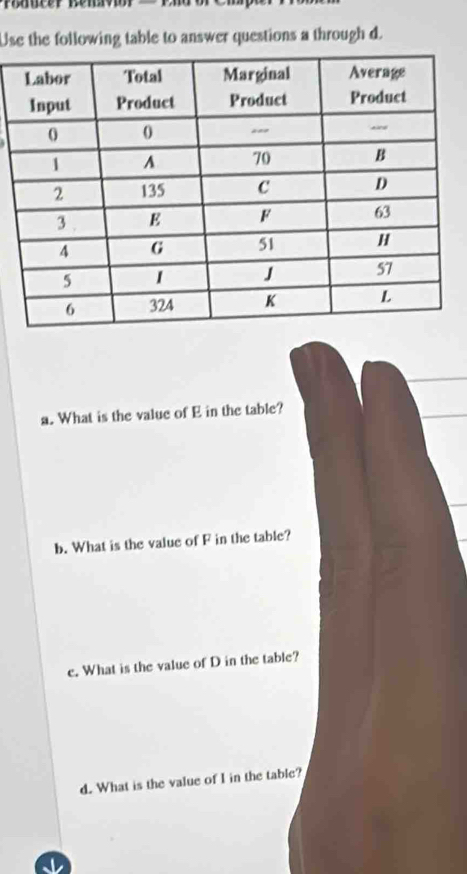 Use the following table to answer questions a through d. 
a. What is the value of E in the table? 
b. What is the value of F in the table? 
e. What is the value of D in the table? 
d. What is the value of I in the table?