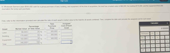 Partl ti of 2
Joumalize the lump-sum purchase. 1. Wholesale Banners pays $300,000 cash for a group purchase of land, building, and equipment. At the time of acquisition, the land has a markut value of $66,000, the building $170,000, and the equpment $102,000
er to the information provided and calculate the ratio of each asset's market value to the total for all assets combined. Then, complete the table and calculate the assigned cost for each awset
Calculator
9180000
Backoq00t α c
MC 5 ,
MR: 4 5 6 5
us η 2
w 0