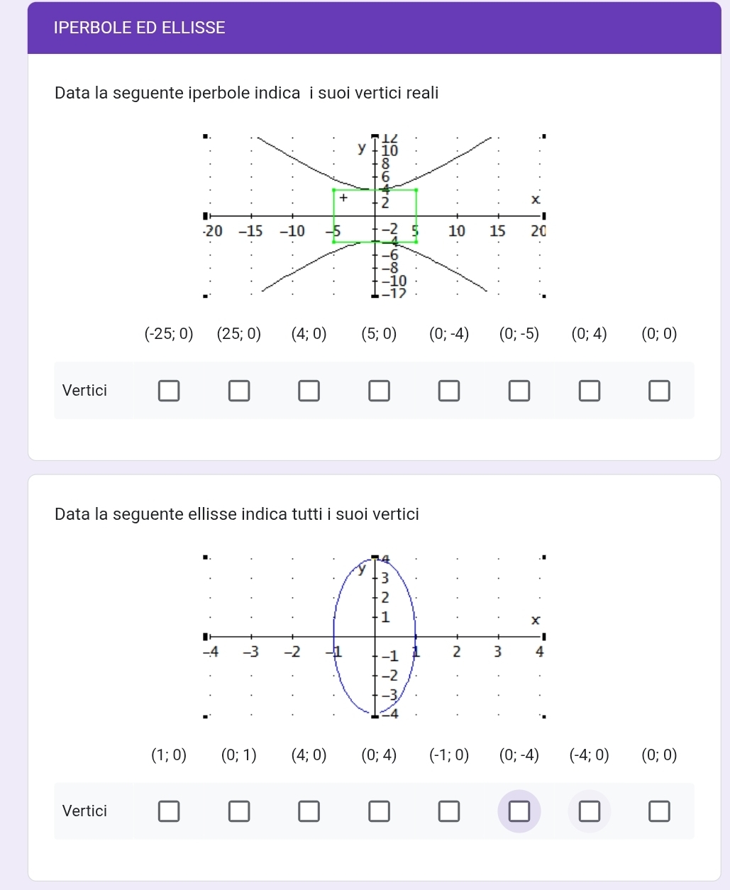 IPERBOLE ED ELLISSE
Data la seguente iperbole indica i suoi vertici reali
(-25;0) (25;0) (4;0) (5;0) (0;-4) (0;-5) (0;4) (0;0)
□
Vertici □ □ □ □
BD=CD· tan 60°=BD· sqrt(3)
Data la seguente ellisse indica tutti i suoi vertici
A
y 3
2
1
-.4 -3 -2 -1 -1 1 2 3 4
-2
-3
-4
(1;0) (0;1) (4;0) (0;4) (-1;0) (0;-4) (-4;0) (0;0)
Vertici □ □ □ □ □ □ □