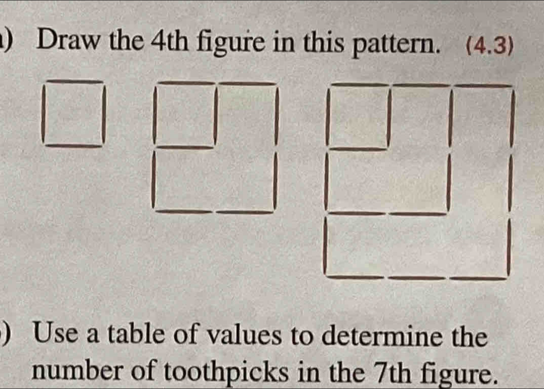 ) Draw the 4th figure in this pattern. (4.3) 
) Use a table of values to determine the 
number of toothpicks in the 7th figure.