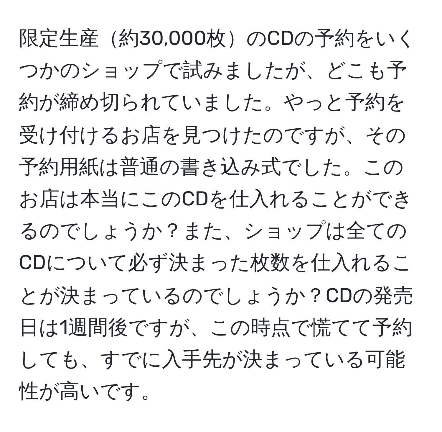 限定生産約30,000枚のCDの予約をいくつかのショップで試みましたが、どこも予約が締め切られていました。やっと予約を受け付けるお店を見つけたのですが、その予約用紙は普通の書き込み式でした。このお店は本当にこのCDを仕入れることができるのでしょうか？また、ショップは全てのCDについて必ず決まった枚数を仕入れることが決まっているのでしょうか？CDの発売日は1週間後ですが、この時点で慌てて予約しても、すでに入手先が決まっている可能性が高いです。