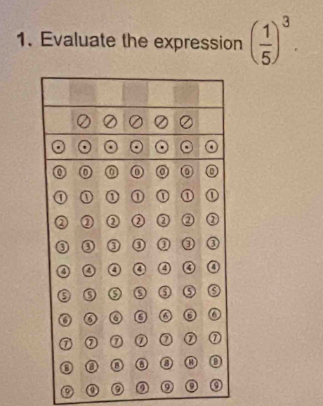 Evaluate the expression ( 1/5 )^3
o 0