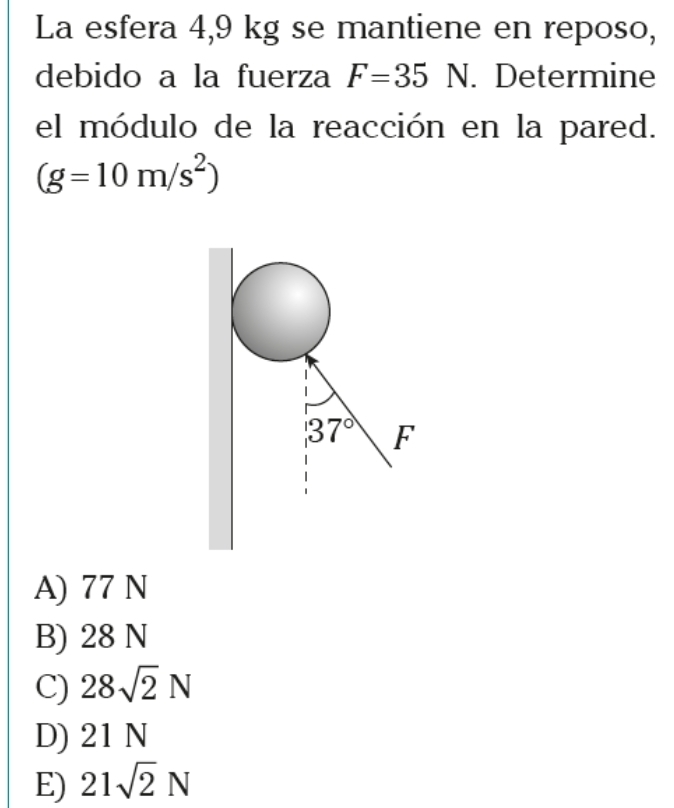 La esfera 4,9 kg se mantiene en reposo,
debido a la fuerza F=35N. Determine
el módulo de la reacción en la pared.
(g=10m/s^2)
37° F
A) 77 N
B) 28 N
C) 28sqrt(2)N
D) 21 N
E) 21sqrt(2)N