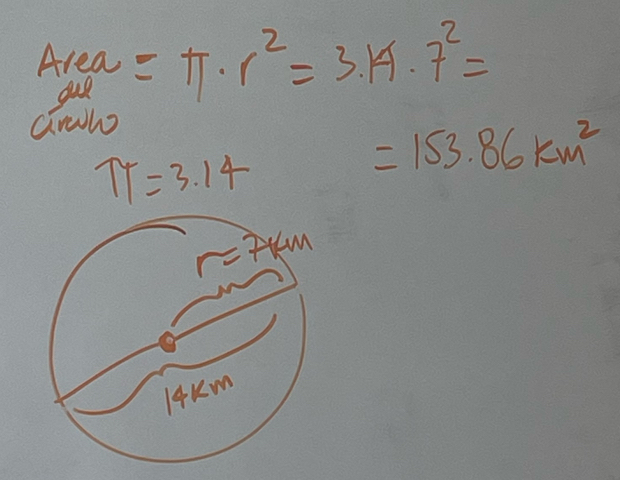 beginarrayr Area=π · r^2=3.14· 7^2=
π =3.14
=153.86km^2