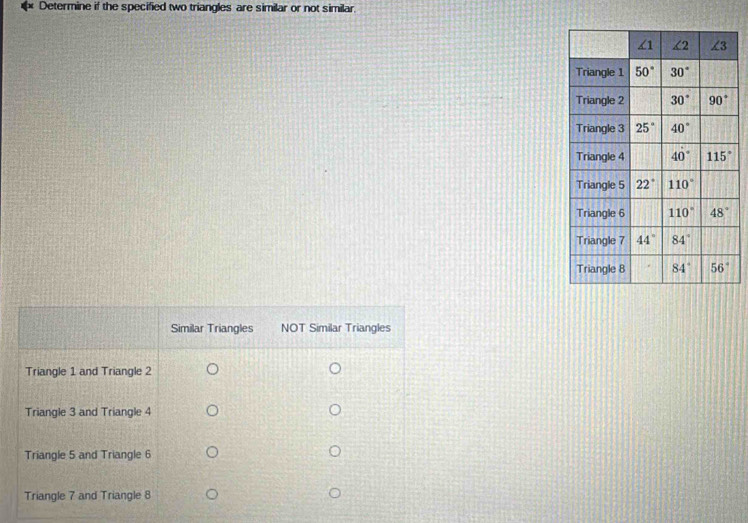 Determine if the specified two triangles are similar or not similar.