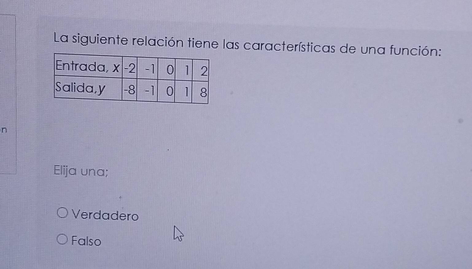 La siguiente relación tiene las características de una función:
n
Elija una;
Verdadero
Falso