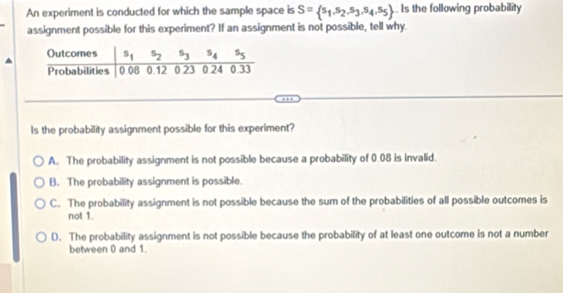 An experiment is conducted for which the sample space is S= s_1,s_2,s_3,s_4,s_5 Is the following probability
assignment possible for this experiment? If an assignment is not possible, tell why.
Is the probability assignment possible for this experiment?
A. The probability assignment is not possible because a probability of 0.08 is invalid.
B. The probability assignment is possible.
C. The probability assignment is not possible because the sum of the probabilities of all possible outcomes is
not 1.
D. The probability assignment is not possible because the probability of at least one outcome is not a number
between 0 and 1.