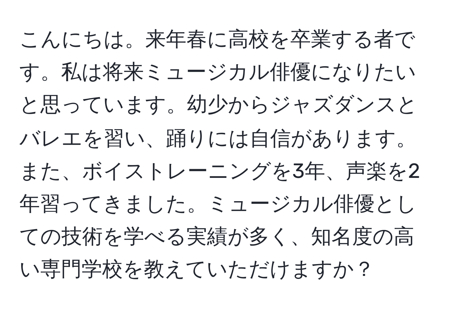 こんにちは。来年春に高校を卒業する者です。私は将来ミュージカル俳優になりたいと思っています。幼少からジャズダンスとバレエを習い、踊りには自信があります。また、ボイストレーニングを3年、声楽を2年習ってきました。ミュージカル俳優としての技術を学べる実績が多く、知名度の高い専門学校を教えていただけますか？