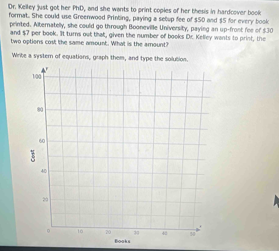 Dr. Kelley just got her PhD, and she wants to print copies of her thesis in hardcover book 
format. She could use Greenwood Printing, paying a setup fee of $50 and $5 for every book 
printed. Alternately, she could go through Booneville University, paying an up-front fee of $30
and $7 per book. It turns out that, given the number of books Dr. Kelley wants to print, the 
two options cost the same amount. What is the amount? 
Write a system of equations, graph them, and type the solution. 
Books