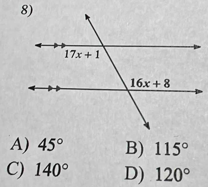 A) 45°
B) 115°
C) 140°
D) 120°