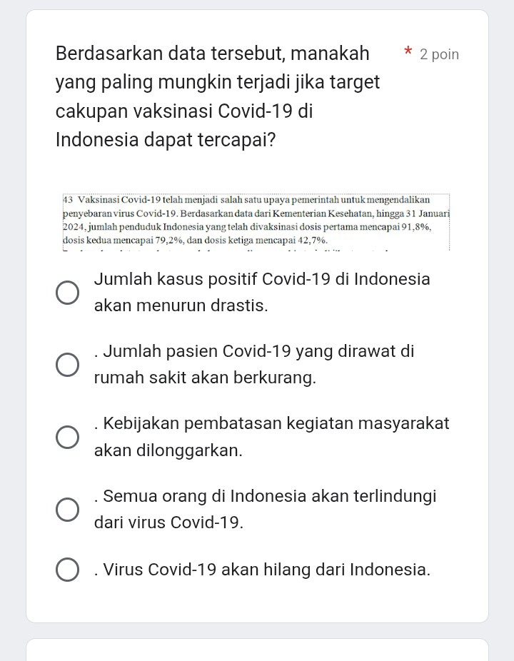 Berdasarkan data tersebut, manakah 2 poin
yang paling mungkin terjadi jika target
cakupan vaksinasi Covid- 19 di
Indonesia dapat tercapai?
43 Vaksinasi Covid- 19 telah menjadi salah satu upaya pemerintah untuk mengendalikan
penyebaran virus Covid- 19. Berdasarkan data dari Kementerian Kesehatan, hingga 31 Januari
2024, jumlah penduduk Indonesia yang telah divaksinasi dosis pertama mencapai 91, 8%,
dosis kedua mencapai 79, 2%, dan dosis ketiga mencapai 42, 7%.
Jumlah kasus positif Covid- 19 di Indonesia
akan menurun drastis.
Jumlah pasien Covid- 19 yang dirawat di
rumah sakit akan berkurang.. Kebijakan pembatasan kegiatan masyarakat
akan dilonggarkan.
Semua orang di Indonesia akan terlindungi
dari virus Covid- 19.. Virus Covid- 19 akan hilang dari Indonesia.