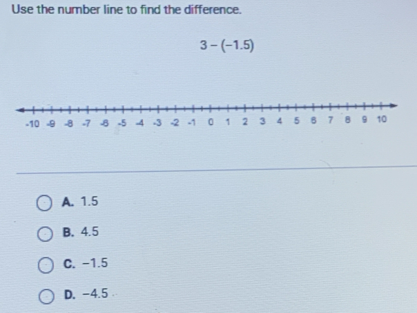 Use the number line to find the difference.
3-(-1.5)
A. 1.5
B. 4.5
C. -1.5
D. -4.5