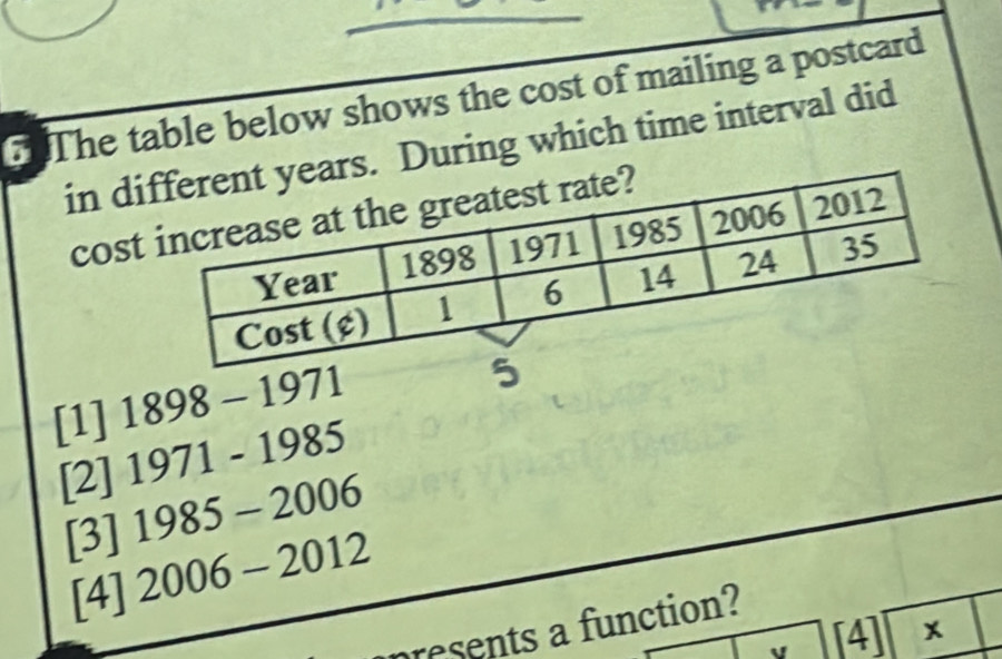 The table below shows the cost of mailing a postcard
in ds. During which time interval did
cost
[1] 1898 - 1971
5
[2] 19 71) 11 985
[3] 1985 2x+y 006
[4] 20 110 2012
presents a function?
[4] x