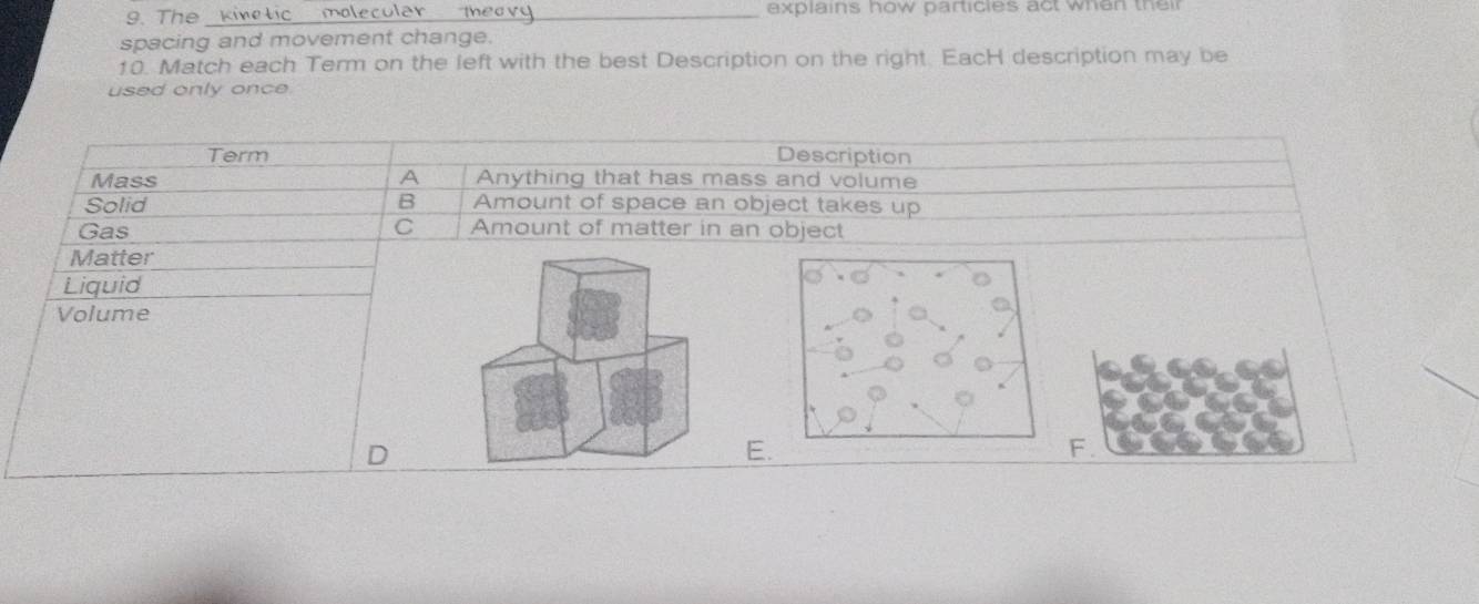 The kine lic ma explains how particles act when thei 
spacing and movement change.
10. Match each Term on the left with the best Description on the right. EacH description may be
used only once.
Term Description
Mass A Anything that has mass and volume
Solid B Amount of space an object takes up
Gas C Amount of matter in an object
Matter
Liquid
Volume
D
E.
F.