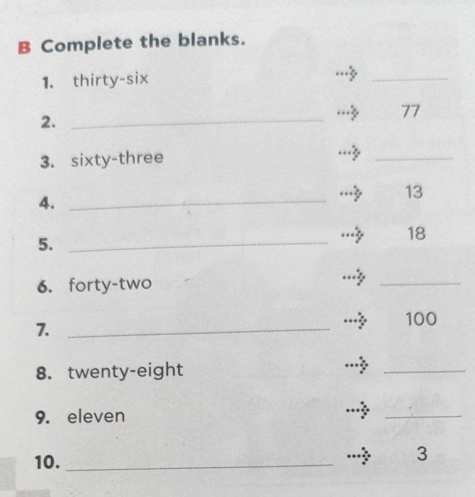 Complete the blanks. 
1. thirty-six 
_ 
2._
77
3. sixty-three 
_ 
4._ 
13 
5._
18
6. forty-two 
_ 
7._ 
.. 100
8. twenty-eight 
_ 
9. eleven 
_ 
10._ 
.. 3