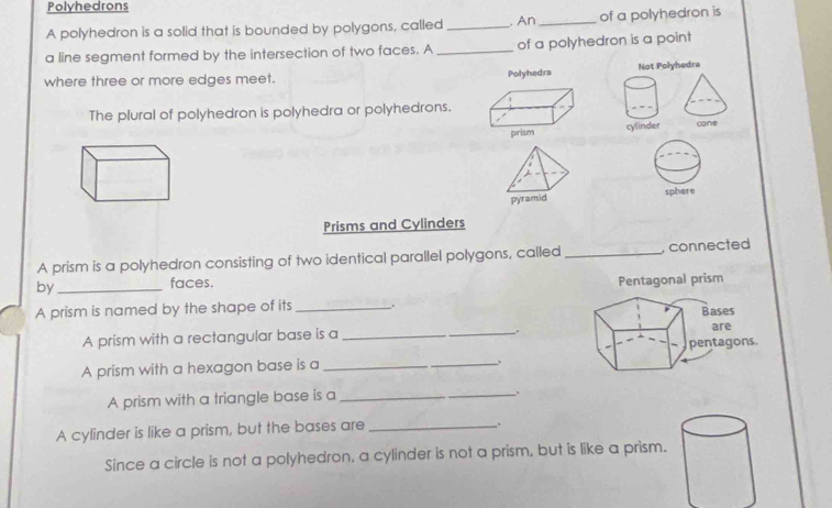 Polyhedrons 
A polyhedron is a solid that is bounded by polygons, called_ . An_ of a polyhedron is 
a line segment formed by the intersection of two faces. A _of a polyhedron is a point 
where three or more edges meet. Not Polyhedra 
The plural of polyhedron is polyhedra or polyhedrons. 
cylinder cone 
pyramid sphere 
Prisms and Cylinders 
A prism is a polyhedron consisting of two identical parallel polygons, called _, connected 
by_ 
faces. 
A prism is named by the shape of its _ 
A prism with a rectangular base is a _ 
A prism with a hexagon base is a _ 
、 
A prism with a triangle base is a_ 
.. 
A cylinder is like a prism, but the bases are_ 
.. 
Since a circle is not a polyhedron, a cylinder is not a prism, but is like a prism.