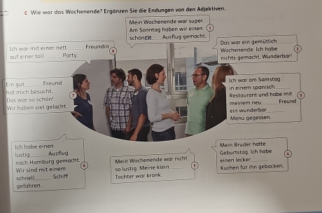 Wie war das Wochenende? Ergänzen Sie die Endungen von den Adjektiven. 
Mein Wachenende war super. 
Am Sonntag haben wir einen 
Ich war mit einer nett Freundin schönch . Ausflug gemacht. Das war ein gemütlich_ 
auf einer toll _Porty Wochenende. Ich habe a 
nichts gemacht. Wunderbar! 
Ein gut_ Freund Ich war am Samstag 
hot mich besucht. 
Das war so schon! in einem spanisch_ 
Wir haben viel gelocht meinem neu Restaurant und habe mit Freund 
ein wunderbor 
Menú gegessen. 
Ich habe einen 
lustig_ Ausflug Mein Bruder hatte Geburtstag. lich habe a 
nach Hamburg gemacht. Mein Wochenende war nicht einen lecker_ 
Wir sind mit einem 6
schnell_ Schiff Tochter war krank. so lustig. Meine kiein 5 Kuchen für ihn gebacken. 
gefahren.