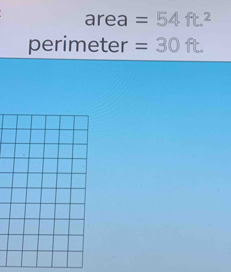 area =frac [ 54 ft.²
perimeter =30 ft.