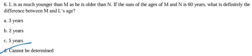 is as much younger than M as he is older than N. If the sum of the ages of M and N is 60 years, what is definitely the
difference between M and L ‘s age?
a. 3 years
b. 2 years
c. 5 years
d. Cannot be determined