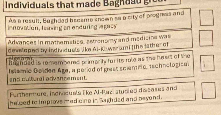 Individuals that made Baghdau gred 
As a result, Baghdad became known as a city of progress and 
innovation, leaving an enduring legacy 
Advances in mathematics, astronomy and medicine was 
developed by individuals like Al-Khwarizmi (the father of 
ige bn 
Baghdad is remembered primarily for its role as the heart of the 
Islamic Golden Age, a period of great scientific, technological 
and cultural advancement. 
Furthermore, individuals like Al-Razi studied diseases and 
helped to improve medicine in Baghdad and beyond.