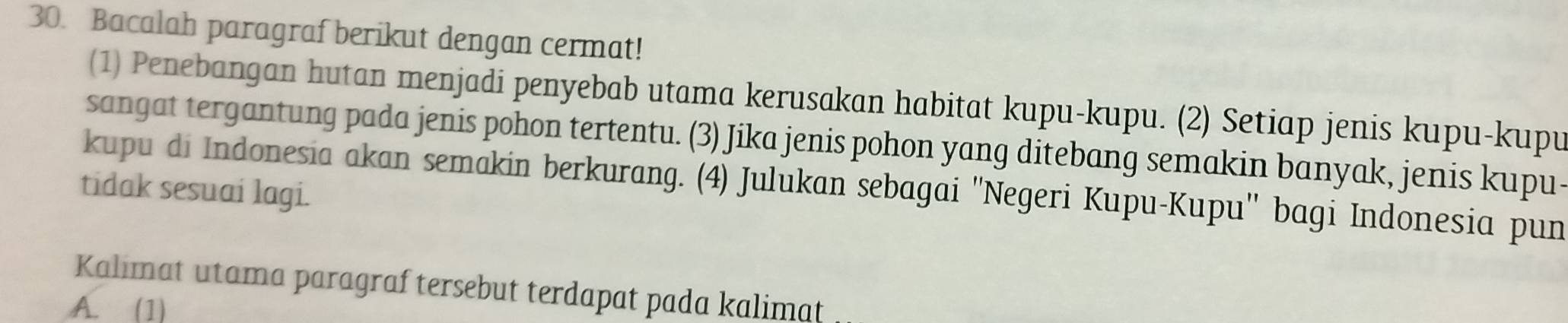 Bacalah paragraf berikut dengan cermat! 
(1) Penebangan hutan menjadi penyebab utama kerusakan habitat kupu-kupu. (2) Setiap jenis kupu-kupu 
sangat tergantung pada jenis pohon tertentu. (3) Jika jenis pohon yang ditebang semakin banyak, jenis kupu· 
kupu di Indonesia akan semakin berkurang. (4) Julukan sebagai ''Negeri Kupu-Kupu'' bagi Indonesia pun 
tidak sesuai lagi. 
Kalimat utama paragraf tersebut terdapat pada kalimat 
A. (1)