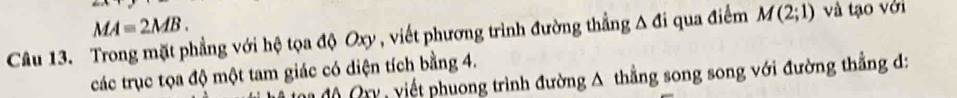 BH⊥
MA=2MB. 
Câu 13. Trong mặt phẳng với hệ tọa độ Oxy, viết phương trình đường thẳng A đi qua điểm M(2;1) và tạo với 
các trục tọa độ một tam giác có diện tích bằng 4. M độ Cy , viết phuong trình đường A thẳng song song với đường thẳng d: