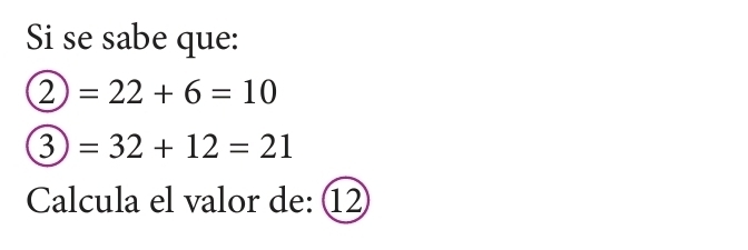 Si se sabe que:
 enclosecircle2=22+6=10
 enclosecircle3=32+12=21
Calcula el valor de: 1