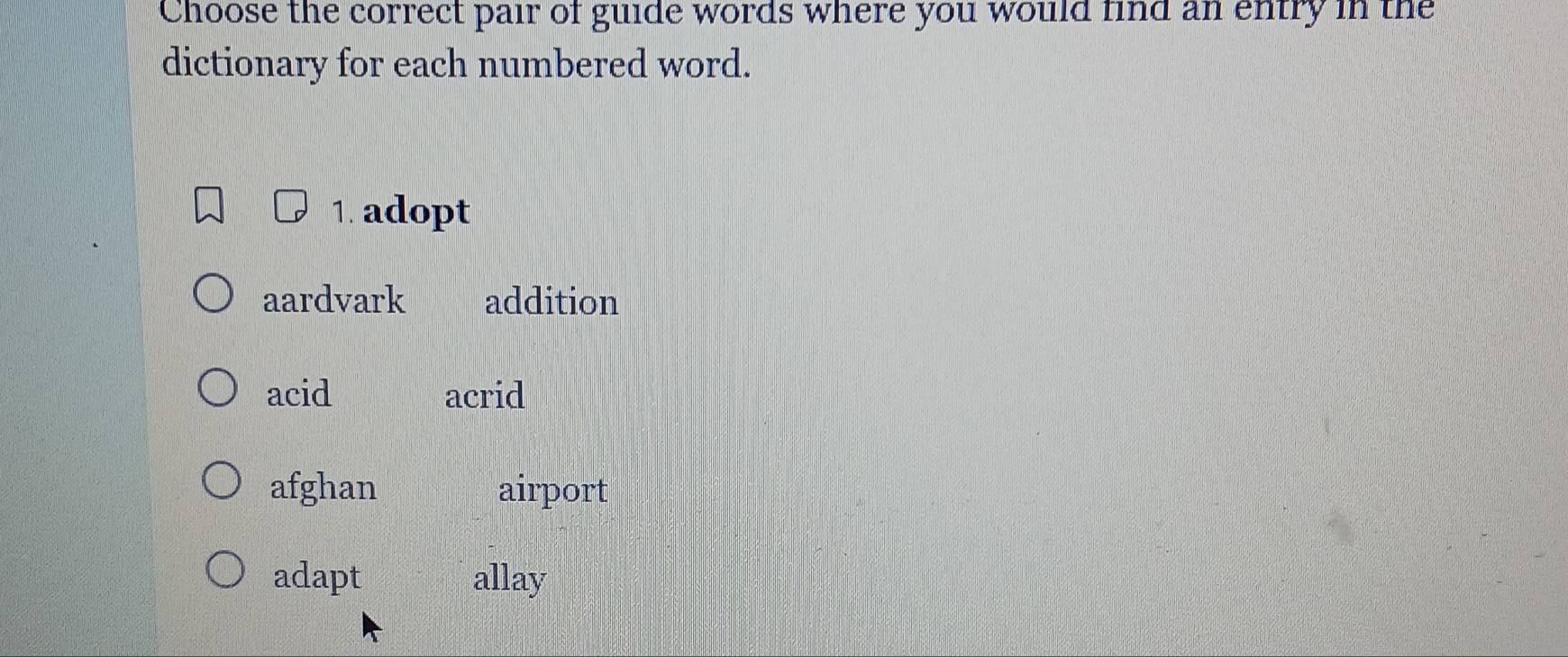 Solved: Choose the correct pair of guide words where you would find an ...
