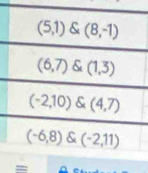 (5,1) (8,-1)
(6,7)(1,3)
(-2,10)(4,7)
(-6,8)(-2,11)
= Ae