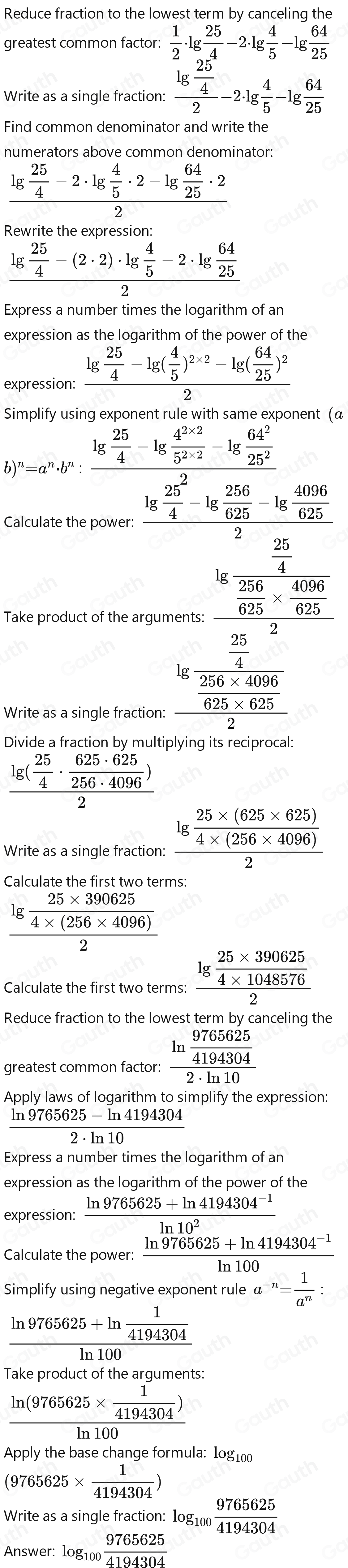 Solved: 1/2 log 25/4 -2 log 4/5 -log 320/125 [Math]