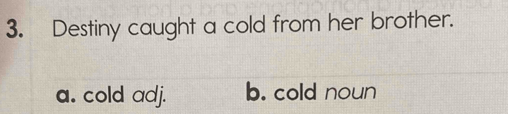 Destiny caught a cold from her brother.
a. cold adj. b. cold noun