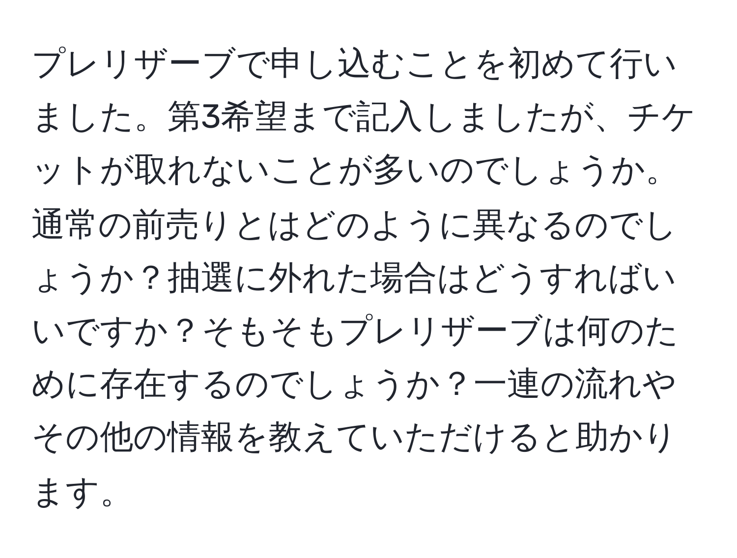 プレリザーブで申し込むことを初めて行いました。第3希望まで記入しましたが、チケットが取れないことが多いのでしょうか。通常の前売りとはどのように異なるのでしょうか？抽選に外れた場合はどうすればいいですか？そもそもプレリザーブは何のために存在するのでしょうか？一連の流れやその他の情報を教えていただけると助かります。