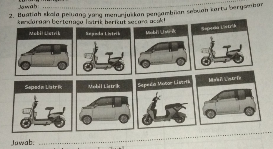 Jawab: 
2. Buatlah skala peluang yang menunjukkan pengambilan sebuah kartu bergamban 
Jawab: 
_