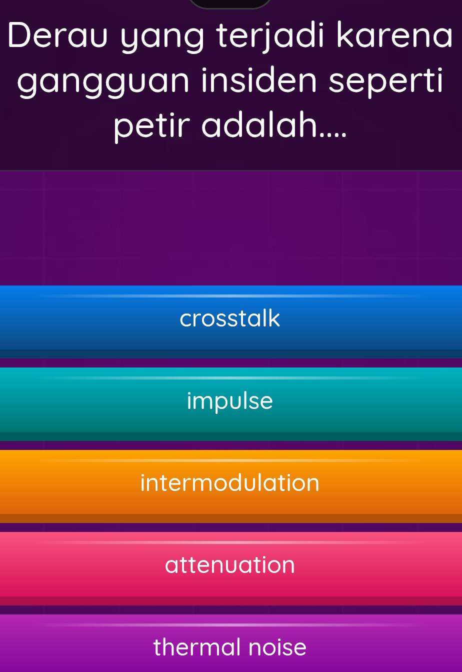 Derau yang terjadi karena
gangguan insiden seperti
petir adalah....
crosstalk
impulse
intermodulation
attenuation
thermal noise