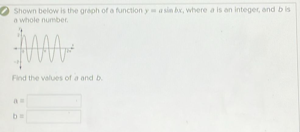 Shown below is the graph of a function y=asin bx , where a is an integer, and b is 
a whole number. 
Find the values of a and b.
a=□
b=□