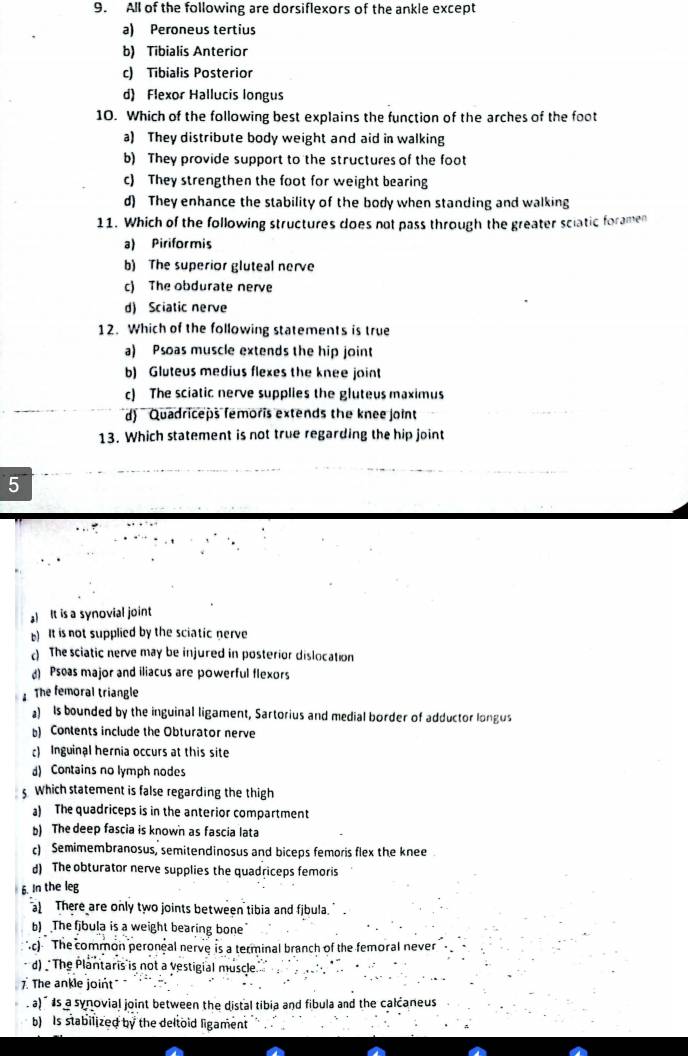 All of the following are dorsiflexors of the ankle except
a) Peroneus tertius
b) Tibialis Anterior
c) Tibialis Posterior
d) Flexor Hallucis longus
10. Which of the following best explains the function of the arches of the foot
a) They distribute body weight and aid in walking
b) They provide support to the structures of the foot
c) They strengthen the foot for weight bearing
d) They enhance the stability of the body when standing and walking
11. Which of the following structures does not pass through the greater sciatic foramen
a) Piriformis
b) The superior gluteal nerve
c) The obdurate nerve
d) Sciatic nerve
12. Which of the following statements is true
a) Psoas muscle extends the hip joint
b) Gluteus medius flexes the knee joint
c) The sciatic nerve supplies the gluteus maximus
d) Quadriceps femoris extends the knee joint
13. Which statement is not true regarding the hip joint
5
It is a synovial joint
b) It is not supplied by the sciatic nerve
c) The sciatic nerve may be injured in posterior dislocation
d) Pseas major and iliacus are powerful flexors
The femoral triangle
a) Is bounded by the inguinal ligament, Sartorius and medial border of adductor longus
b) Contents include the Obturator nerve
Inguinal hernia occurs at this site
d) Contains no lymph nodes
s Which statement is false regarding the thigh
a) The quadriceps is in the anterior compartment
b) The deep fascia is known as fascia lata
c) Semimembranosus, semitendinosus and biceps femoris flex the knee
d) The obturator nerve supplies the quadriceps femoris
6. In the leg
a) There are only two joints between tibia and fjbula.”.
b) The fjbula is a weight bearing bone
c  The common peroneal nerve is a terminal branch of the femoral never
d) The Plantaris is not a vestigial muscle
7. The ankle joint
a)  s a synovial joint between the distal tibia and fibula and the calcaneus
b) Is stabilized by the deltoid ligament
