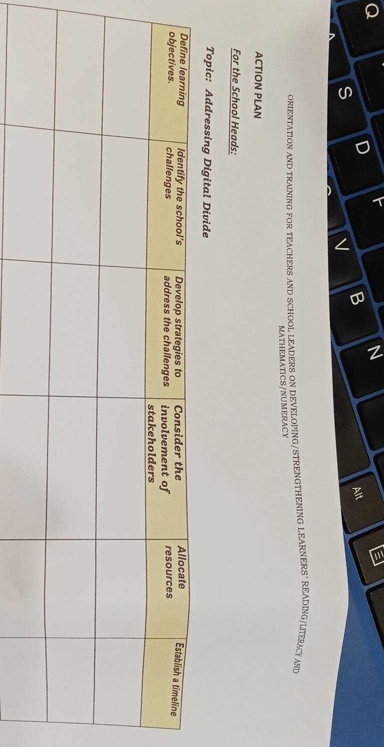 a 
D 
B 
Alt 
S 
V 
ORIENTATION AND TRAINING FOR TEACHERS AND SCHOOL LEADERS ON DEVELOPING/STRENGTHENING LEARNERS’ READING/LITERACY AND 
MATHEMATICS/NUMERACY 
ACTION PLAN 
For the School Heads: 
Topic: Addressing Digital Divide