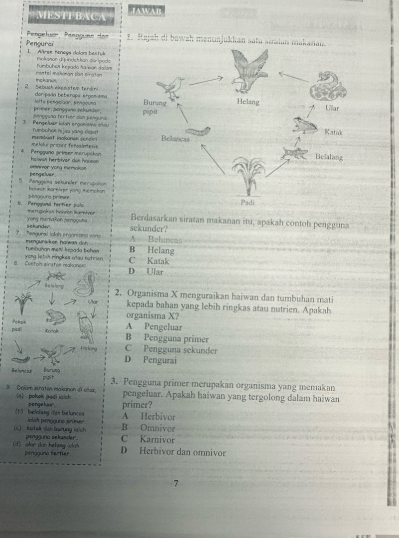 MESTFBACA JAWAB
Pengeluar, Penggüne der 1. Rajah di bawah menunjukkan satu sirutan makanan,
Pengurai
1. Aliran tenaga dalam bentuk
makanon dipindahkan daripada
tumbuhan kepada haiwan dalam
rantai makanan dan siratan
makanan.
2. Sebuah ekosistem terdiri
daripada beberapa organisma,
aitu pengeluar, pengguna 
primer, pengguna sekunder, 
pengguna tertier dan pengurai.
3. Pengeluar iolah orgonisma atou
tumbuhan hijau yang dapat
membuat Inakanan sendiri
melalui proses fotosintesis
4. Pengguna primer merupakan
haiwan herbivor dan haiwan
omnivor yang memakan
pengeluar.
5. Pengguna sekunder merupakan
haiwan kornivor yang memakon
pengguno primer
6. Pengguna tertier pula
merupakan haiwan karnivor
yang memakan pengguna Berdasarkan siratan makanan itu, apakah contoh pengguna
sekunder sekunder?
7. Pengurai ialah organisma vana A==Beluneas
menguraikan haiwan dan
tumbuhan mati kepada bahan B Helang
yang lebih ringkas atau nutrien. C Katak
8. Contoh siratan makanan! D Ular
Belalang 2. Organisma X menguraikan haiwan dan tumbuhan mati
Ular kepada bahan yang lebih ringkas atau nutrien. Apakah
organisma X?
Pokok A Pengeluar
padi Katak B Pengguna primer
Helang C Pengguna sekunder
D Pengurai
Beluncas Burung
pipit 3. Pengguna primer merupakan organisma yang memakan
9. Dalam siratan makanan di atas, pengeluar. Apakah haiwan yang tergolong dalam haiwan
(a) pokok padi ialah
pengeluar. primer?
(b) belalang dan beluncas A Herbivor
ialah penoguna primer
(c) katak dan burung ialah B Omnivor
pengguna sekunder. C Karnivor
(d) ulor dan helang ialah D Herbivor dan omnivor
pengguna tertier
7