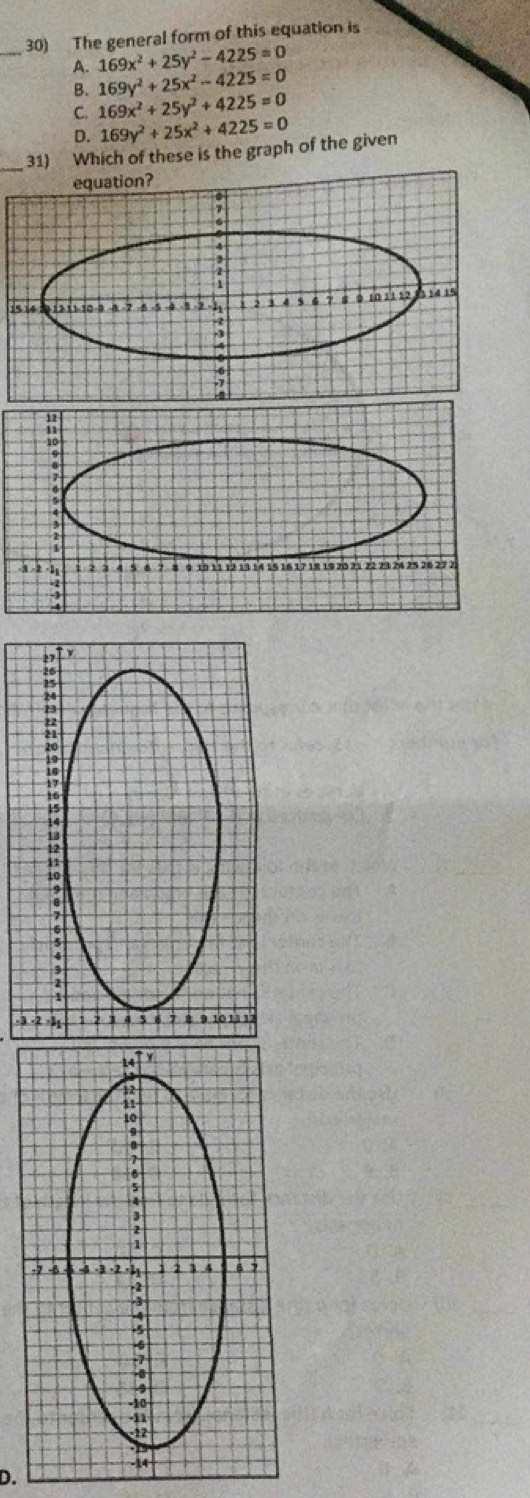 The general form of this equation is
A. 169x^2+25y^2-4225=0
B. 169y^2+25x^2-4225=0
C. 169x^2+25y^2+4225=0
D. 169y^2+25x^2+4225=0
_31) Which of these is the graph of the given
1
y
29
6. 3 1 2 3 4 5 6 7 8 9 10 11 12
D.