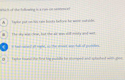 Which of the following is a run-on sentence?
A ) Taylor put on his rain boots before he went outside.
B  The sky was clear, but the air was still misty and wet.
c It had rained all night, so the street was full of puddles.
D ) Taylor found the first big puddle he stomped and splashed with glee.