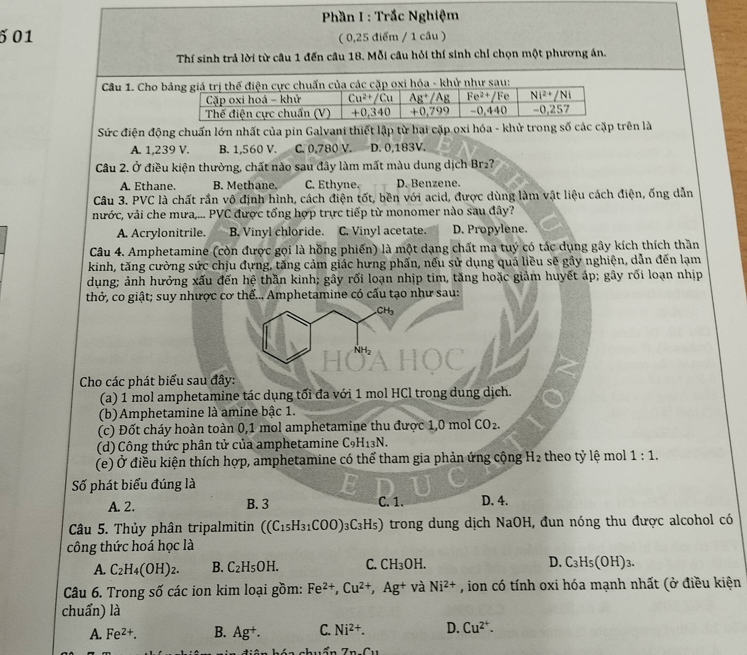 Phần I : Trắc Nghiệm
6 01 ( 0,25 điểm / 1 câu )
Thí sinh trả lời từ câu 1 đến câu 18. Mỗi câu hỏi thí sinh chỉ chọn một phương án.
Câu 1. Cho 
Sức điện động chuẩn lớn nhất của pin Galvani thiết lập từ hai cặp oxi hóa - khử trong số các cặp trên là
A. 1,239 V. B. 1,560 V. C. 0,780 V. D. 0,183V.
Câu 2. Ở điều kiện thường, chất nào sau đây làm mất màu dung dịch Br2?
A. Ethane. B. Methane. C. Ethyne. D. Benzene.
Câu 3. PVC là chất rắn vô định hình, cách điện tốt, bền với acid, được dùng làm vật liệu cách điện, ống dẫn
nước, vải che mưa,... PVC được tổng hợp trực tiếp từ monomer nào sau đây?
A. Acrylonitrile. B. Vinyl chloride. C. Vinyl acetate. D. Propylene.
Câu 4. Amphetamine (còn được gọi là hồng phiến) là một dạng chất ma tuý có tắc dụng gây kích thích thần
kinh, tăng cường sức chịu đựng, tăng cảm giác hưng phấn, nếu sử dụng quá liều sẽ gây nghiện, dẫn đến lạm
dụng; ảnh hưởng xấu đến hệ thần kinh; gây rối loạn nhịp tim, tăng hoặc giảm huyết áp; gây rối loạn nhịp
thở, co giật; suy nhược cơ thể... Amphetamine có cấu tạo như sau:
Cho các phát biểu sau đây:
(a) 1 mol amphetamine tác dụng tối đa với 1 mol HCl trong dung dịch.
(b) Amphetamine là amine bậc 1.
(c) Đốt cháy hoàn toàn 0,1 mol amphetamine thu được 1,0 mol CO_2.
(d) Công thức phân tử của amphetamine C_9H_13N.
(e) Ở điều kiện thích hợp, amphetamine có thể tham gia phản ứng cộng H₂ theo tỷ lệ mol 1:1.
Số phát biểu đúng là
A. 2. B. 3 C. 1. D. 4.
Câu 5. Thủy phân tripalmitin ((C_15H_31COO)_3C_3H_5) trong dung dịch NaOH, đun nóng thu được alcohol có
công thức hoá học là
A. C_2H_4(OH)_2. B. C_2H_5OH. C. CH_3OH.
D. C_3H_5(OH)_3.
Câu 6. Trong số các ion kim loại gồm: Fe^(2+),Cu^(2+),Ag^+ và Ni^(2+) , ion có tính oxi hóa mạnh nhất (ở điều kiện
chuẩn) là
A. Fe^(2+). B. Ag^+. C. Ni^(2+). D. Cu^(2^+).
7n-C_11