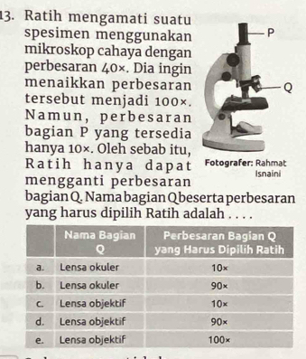 Ratih mengamati suatu
spesimen menggunakan
mikroskop cahaya dengan
perbesaran 40×. Dia ingin
menaikkan perbesaran
tersebut menjadi 100×.
Namun, perbesaran
bagian P yang tersedia
hanya 10×. Oleh sebab itu,
Ratih hanya dapat Fotografer: Rahmat Isnaini
mengganti perbesaran
bagian Q. Nama bagian Qbeserta perbesaran
yang harus dipilih Ratih adalah . . . .