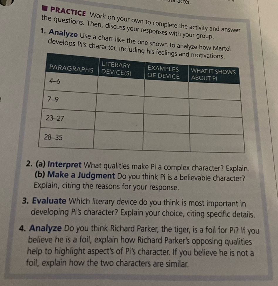 char acter. 
PRACTICE Work on your own to complete the activity and answer 
the questions. Then, discuss your responses with your group. 
1. Analyze Use a chart like the one shown to analyze how Martel 
develops Pi's character, inc 
2. (a) Interpret What qualities make Pi a complex character? Explain. 
(b) Make a Judgment Do you think Pi is a believable character? 
Explain, citing the reasons for your response. 
3. Evaluate Which literary device do you think is most important in 
developing Pi's character? Explain your choice, citing specific details. 
4. Analyze Do you think Richard Parker, the tiger, is a foil for Pi? If you 
believe he is a foil, explain how Richard Parker's opposing qualities 
help to highlight aspect's of Pi's character. If you believe he is not a 
foil, explain how the two characters are similar.