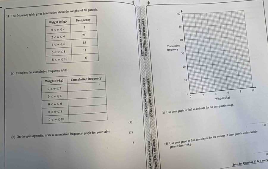 The frequency table givormation about the weights of 60 parcels.
 
` 
 
(a) Complete the clative frequency table.
(c) Use your graph to find an estimate for the interquartile range.
_
(1)
(b) On the grid opposite, draw a cumulative frequency graph for your table. (2) (2)
(d) Use your graph to find an estimate for the number of these parcels with a weight
E greater than 7.4 kg.
  
(Total for Question 11 is 7 marl