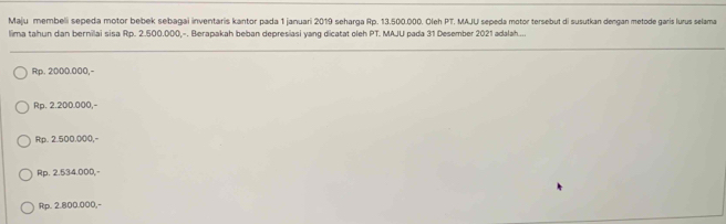 Maju membeli sepeda motor bebek sebagai inventaris kantor pada 1 januari 2019 seharga Rp. 13.500.000. Oleh PT. MAJU sepeda motor tersebut di susutkan dengan metode garis lurus selama
lima tahun dan bernilai sisa Rp. 2.500.000,-. Berapakah beban depresiasi yang dicatat oleh PT. MAJU pada 31 Desember 2021 adalah....
Rp. 2000.000,-
Rp. 2.200.000,-
Rp. 2.500.000,=
Rp. 2.534.000,
Rp. 2.800.000,-